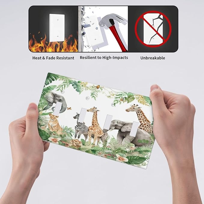 Tropical Leves Safari Animals Giraffe Elephant Zoo Light Switch Covers Quad Toggle Electrical Faceplate 4 Gang Wall Plate Decorative Switch Plates Cover for Kids Room Nursery Decor