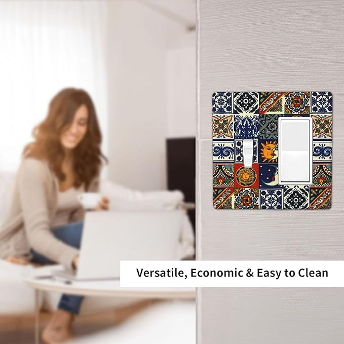 Boho Moroccan Mandala Mexican Tiles 2 Gang Single Toggle/Decorator Combination Light Switch Cover Decorative Combo 1-Toggle/1-GFCI/Rocker Wall Plate Cover