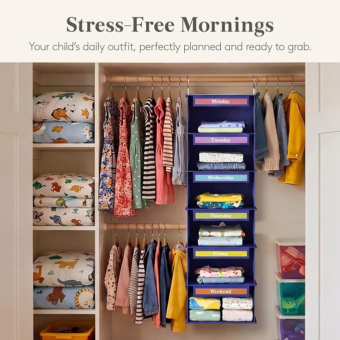 Lifewit 6 Shelf Weekly Clothes 0rganizer for Kids, Baby Hanging Closet Storage with Color Labels for School Outfits, Todder Daily Clothing Divider with Days of The Week Monday to Friday Weekend, Blue