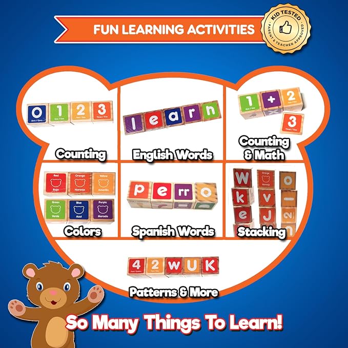 Alphabet Blocks Toys for Toddlers - Bilingual Educational Toys, Spanish Learning Toys, Stacking Toys with 30 Wooden Blocks and Toddler Learning Activities eBook