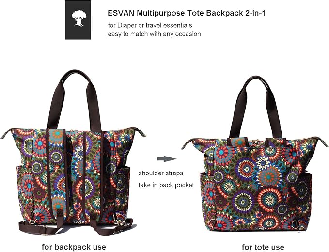 ESVAN Diaper Tote Bag Totepack Backpack 2 in 1 for Women Multifunctional Large Capacity with Insulated Pockets Travel | Multifunctional