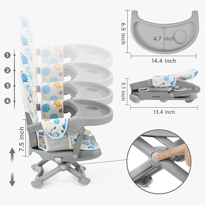 YOLEO Baby High Chair Booster Seat for Dining Table, Foldable High Chairs with Adjustable Heights, Travel Booster Seat with Removable Tray