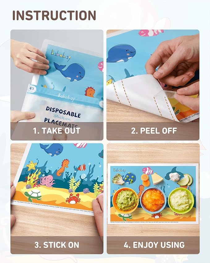 Disposable Stick-on Placemats 40 Pack for Baby & Kids, Toddler Placemats in Reusable Pouch 12" x 18" (Blue Ocean Life)