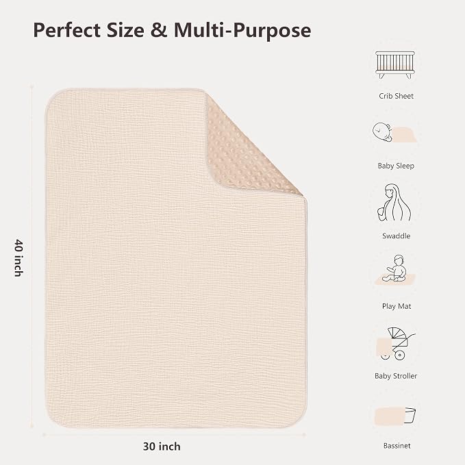 Susurration Baby Blanket for Unisex Boys Girls, Soft Nursery Minky Blanket with Muslin Cotton Front and Dotted Fleece Back, Receiving Blanket for Baby Newborn Infant, 30x40inch (Cream)