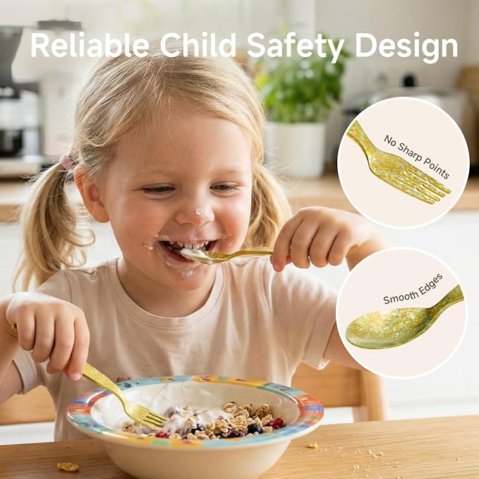 KINGSTONE Toddler Utensils Set, Pure Titanium 2-Piece Fork & Spoon Gift Set, Lightweight Kids Silverware for Self-Feeding Training, Easy Grip, BPA-Free, Dishwasher-Safe, Gold