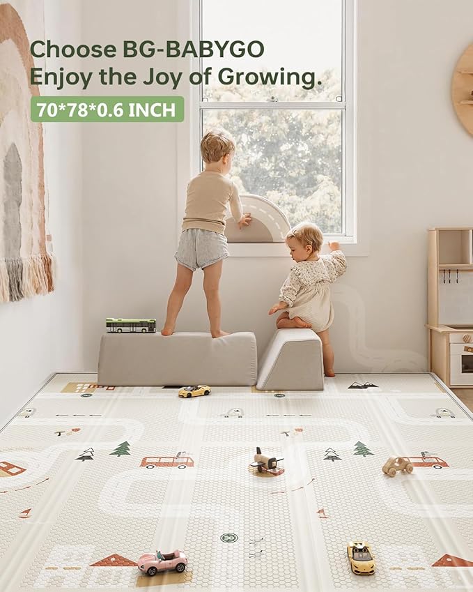 BG-BABYGO Baby Play Mat 50"*78" Foldable Foam Baby Play Mat for Floor Reversible Waterproof Playmats for Babies Boy and Toddlers Infants Edge Reinforcement Crawling Mat for Indoor&Outdoor&Travel