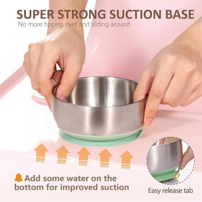 MR. CHOU Baby Bowls with Non-Slip Silicone Suction Cup, Insulated Double-Layer 18/8 Stainless Steel Toddler Bowls with BPA Free Airtight Lids, Food-Grade Silicone Safe for Kids (Green)