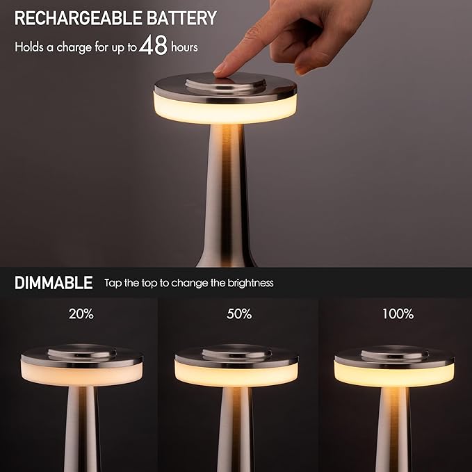 O?™Bright Portable LED Table Lamp with Touch Sensor, 3-Levels Brightness, Rechargeable Battery Up to 48 Hours Usage, Night Light for Kids Nursery, Nightstand Lamp, Bedside Lamp (Silver)