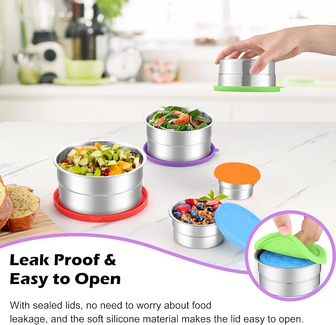 E-far Stainless Steel Food Containers with Lids Set of 5, Round Snack Containers for Kids Toddlers Adults, Metal Food Storage Box for School Lunch, Leak Proof (3oz, 6oz, 12.9oz, 20.3oz, 30.4oz)