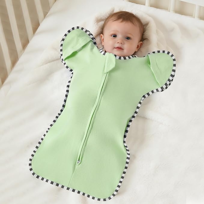 Soft Cotton Swaddle Blanket, Arms Up Baby Sleep Sack, Wearable Sleep Bag for Boys Girls (Green + Grey, M(3-6 Months))