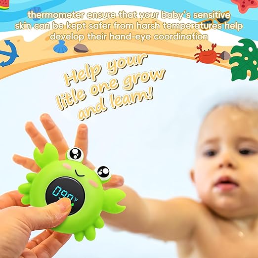 b&h Baby Bath Thermometer with LED Display, Newborn Water Temp Thermometer, Safety Water Sensor for Infants, Color-Coded Alerts, Tub Temperature Monitor, Cute Floating Bath Toy, Crab (Pink)