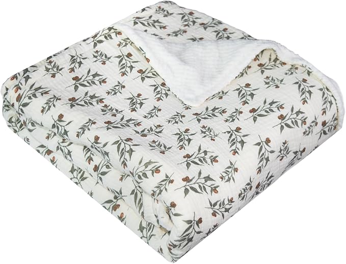 Soft & Breathable Baby Organic Cotton Muslin Blanket with Warm Flannel Lining, Unisex Crib Blanket for Toddlers, Large 43x43 Inches (Flower)