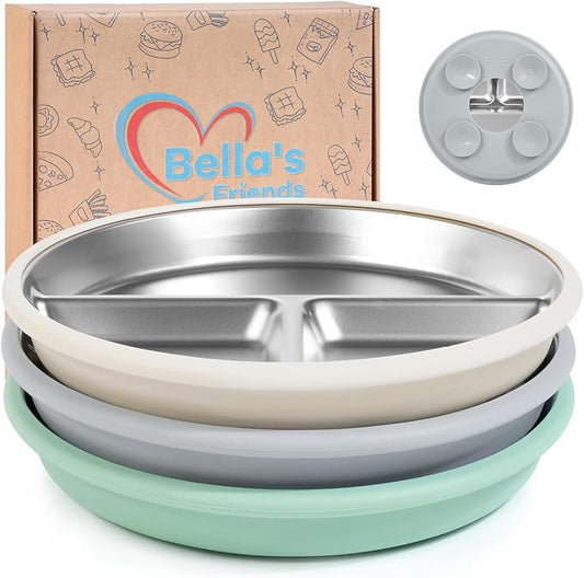 Bella's Friends Life Stainless Steel Baby Plates with Suction 3 Pack, 8” Divided Toddler Plates with Removable Silicone Sleeves for Mess-Free Feeding, Non-Toxic, Non-Slip, Dishwasher Safe