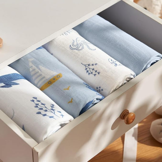 PHF Muslin Swaddle Blankets for Newborn, Large 47x 47 Inches, 4 Pack Organic Soft Breathable Receiving Blankets, Skin-Friendly Muslin Baby Swaddles for Boys, Baby Essentials Shower Gifts, Sea & Whale