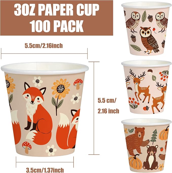 WRAPAHOLIC 3oz Woodland Animal Paper Cups - 100 Pack Disposable Bathroom Cups with Fox, Bear, Deer and Owl 4 Designs, Small Mouthwash Cup for Toothbrush Rinse, Home Bathroom, Fall and Baby Shower