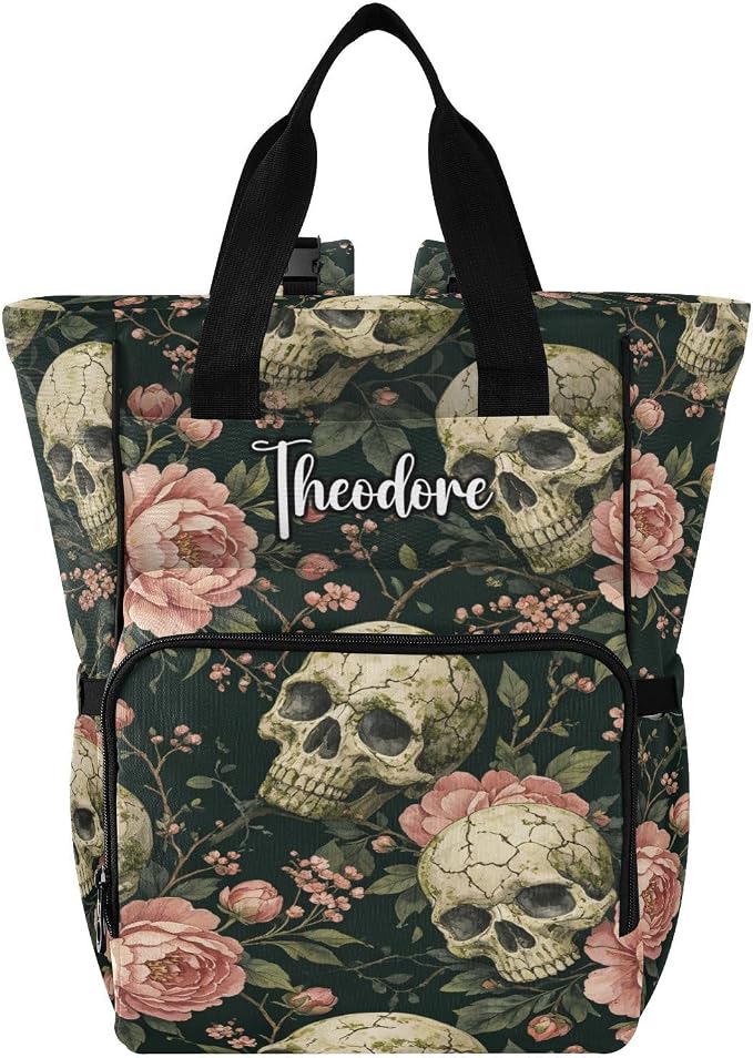 Personalized Mossy Skull Peonies Diaper Bag Large Cap Travel Mom Dad