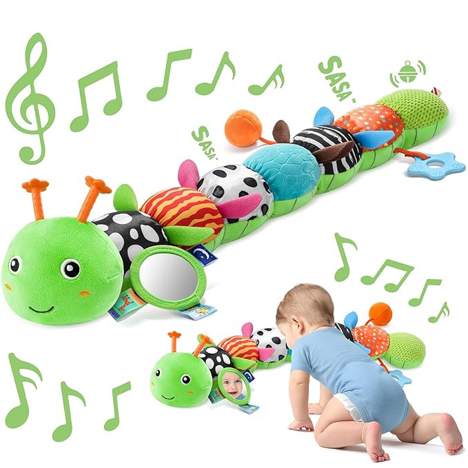 Sumobaby Baby Toys 0-6 6-12 Months, Music Caterpillar Plush Toy with Baby Mirror, Pull String&Crinkle Rattle,Infant Teething Toys,Tummy Time for 0-3-6-12 Month Boys Girls Newborn Gifts (Green-Leaf)