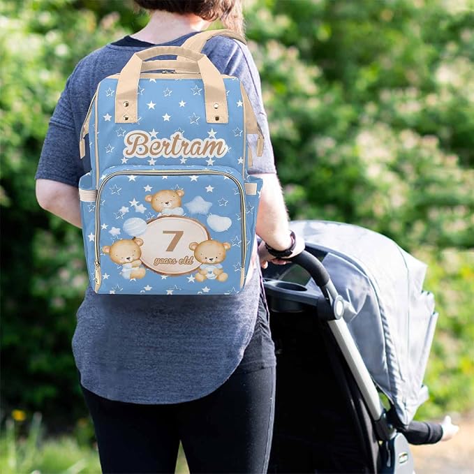 M YESCUSTOM Personalized Blue Bear Diaper Bag with Name & Age, Custom Star Travel Backpack with Large Capacity Waterproof Mommy Nursing Bag Christmas Gift for Wife Women