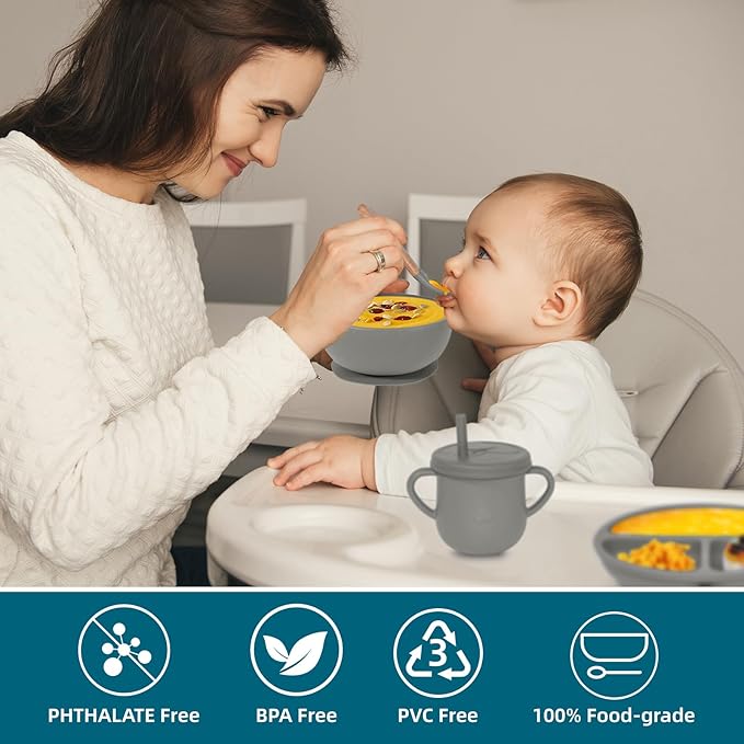 100% Silicone baby feeding set,BPA free Baby dishes set with Suction Bowl Divided Plate,Toddler Self Feeding Dish Set with Spoons Forks Sippy Cup And Bib, Baby Eating Utensils (Grey)