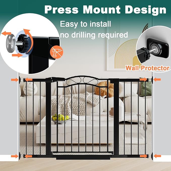 Fairy Baby 59.9"-62.5" Extra Wide Baby Gate with Door, 60 61 62 Inches Walk THR Baby Gates for Stairs Pressure Mounted no Drill, Indoor Tension Metal Child Pet Dog Safety Gate for Kids, Black