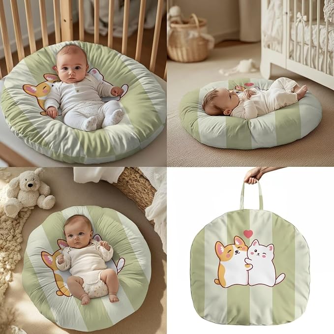 Light Green Stripes Nursing Covers for Breastfeeding Pillows,Cute Kitty Dog Breastfeeding Pillow Cases and Newborn Lounger Cover Slipcover 2 Pack Set for Boy and Girls（Cover Only）