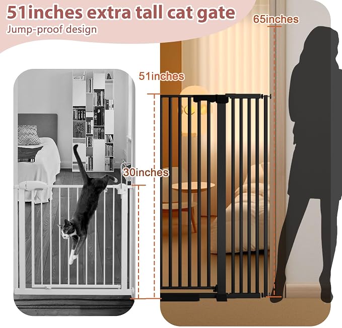 51'' Extra Tall Cat Gate Barrier for Doorways Hallways, Pressure Mounted Pet Dog Gates Ajustable Auto Close, Cat Fence Indoor Climb Proof 30-41'' Wide (Black)