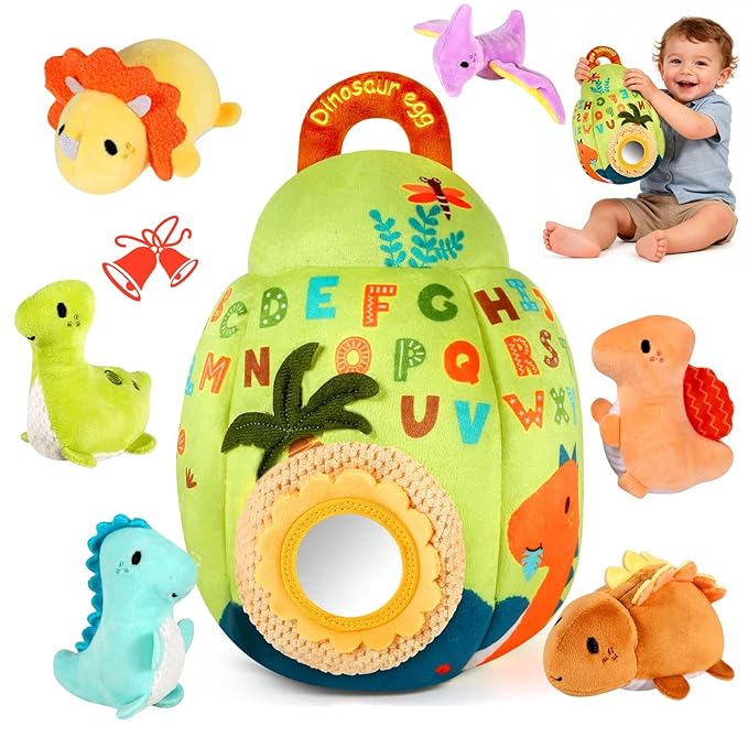 FREYBLI Baby Toys 6-12 Months - Soft Dinosaur Egg Toy with Rattle, Crinkle Paper, Squeaker, Mirror - Montessori Toys for 6 Month Old Developmental, Boy Girl Gifts Baby Easter Basket Stuffers