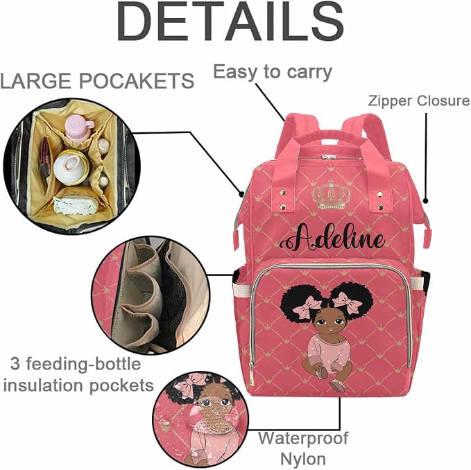 M YESCUSTOM Personalized Name Diaper Bag for Women, Customized Rose Pink Nylon Waterproof Backpack Golden Crown Nursing Mommy Bag Birthday Holiday Gift for Baby