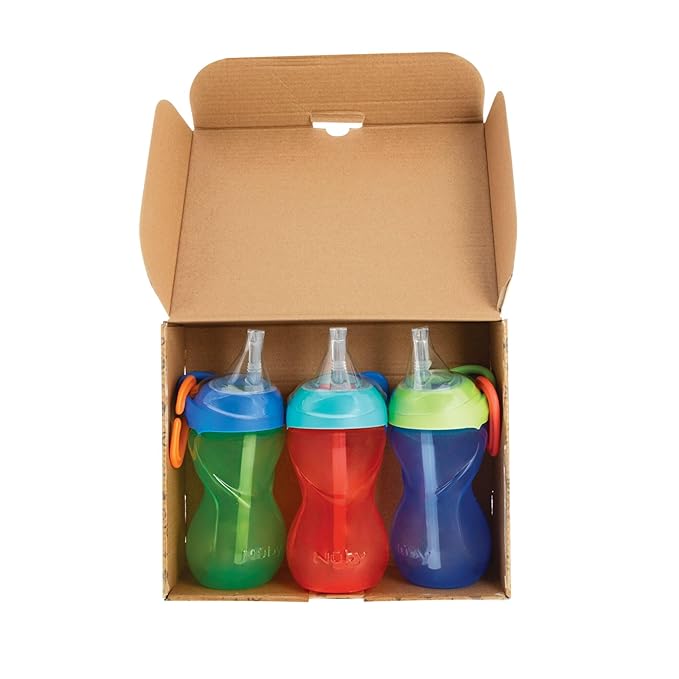 Nuby No-Spill Clik-It Flexi Straw Sippy Cup with Carabiner Clip - (3-Pack) 10 oz - Baby Sippy Cup for 6+ Month Old with Easy Grip - Red/Green/Blue
