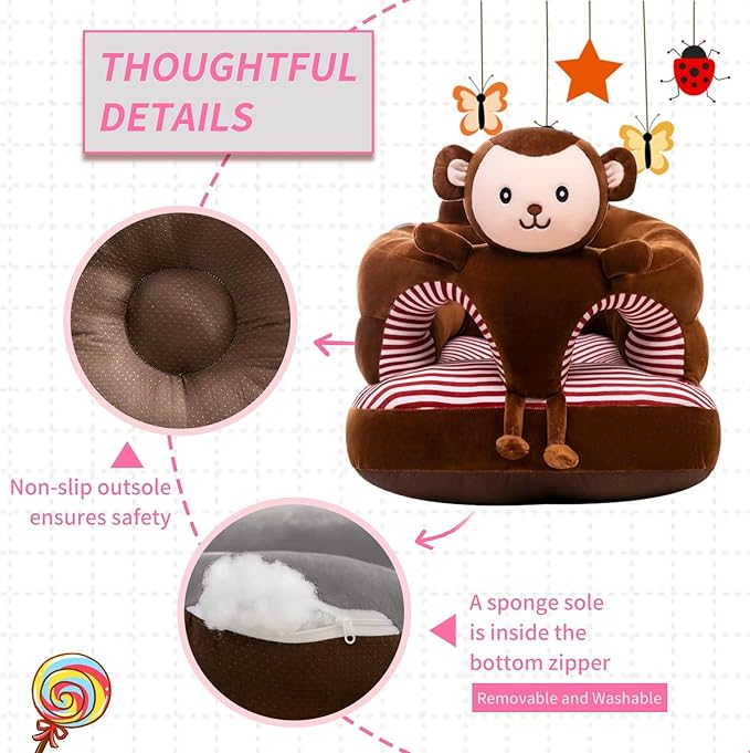 Baby Support Seat, Cute Baby Sofa Chair for Sitting Up, Comfy Plush Infant Seats (Monkey,W17.5 x H17.5)