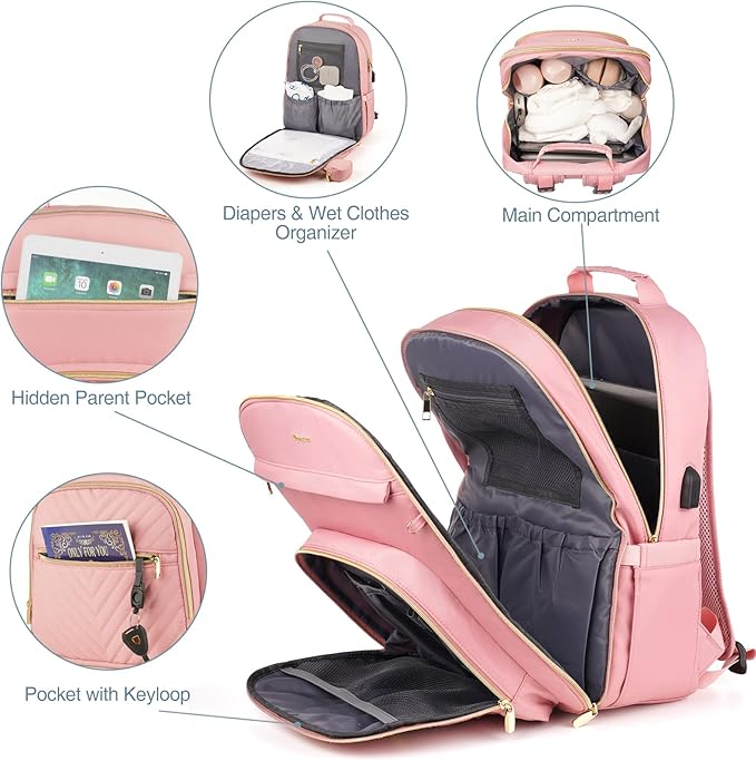 MOMUVO Diaper Bag Backpack, Quilted Baby Bag with Changing Pad & Stroller Straps & Pacifier Case, Large Travel Diaper Bags for Mom Dad, Pink