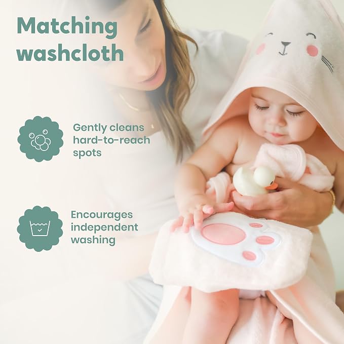 CuddleBug Hooded Baby Bath Towel & Washcloth Set (Bear) - 100% Cotton Terrycloth Hooded Baby Towels for Newborn & Toddler - Super-Soft & Absorbent, Newborn Essentials (33" x 33") - Blush Pink