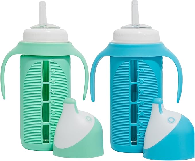 Tabor Place Set of 2 - Glass Sippy Cup for Toddlers - The Luca | Spill-Proof | Silicone Straw | Mint Green & Indigo Purple | 8 oz | Liquids Never Touch Plastic | Removable Handles??(blue/green)