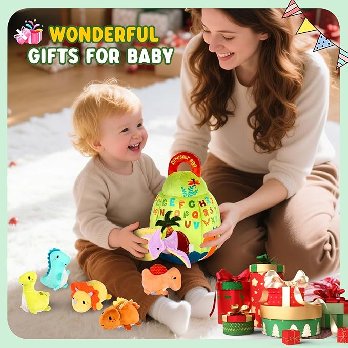 FREYBLI Baby Toys 6-12 Months - Soft Dinosaur Egg Toy with Rattle, Crinkle Paper, Squeaker, Mirror - Montessori Toys for 6 Month Old Developmental, Boy Girl Gifts Baby Easter Basket Stuffers