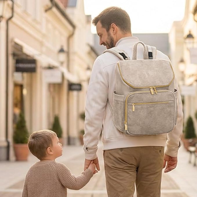 miss fong Diaper Bag Backpack - Large Diaper Bag Backpack Baby Backpack Suede Diaper Backpack with 14 Pockets, Pañaleras Para Bebe with Waterproof Wet Pocket Luggage Sleeve for Mom Dad-Taupe