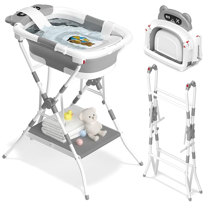 AVIDOR 2-in-1 Baby Bathtub with Stand for Newborn and Infants, Foldable Baby Bath Tub, Baby Shower Gifts for New Parents, Gray
