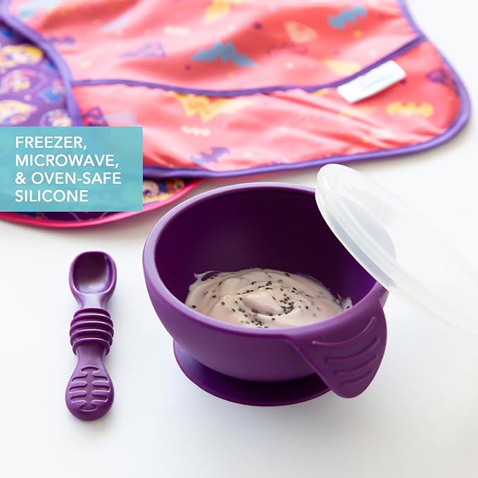 Bumkins Suction Silicone Baby Feeding Set, Bowl, Lid, Spoon, BPA-Free, First Feeding, Baby Led Weaning - Purple
