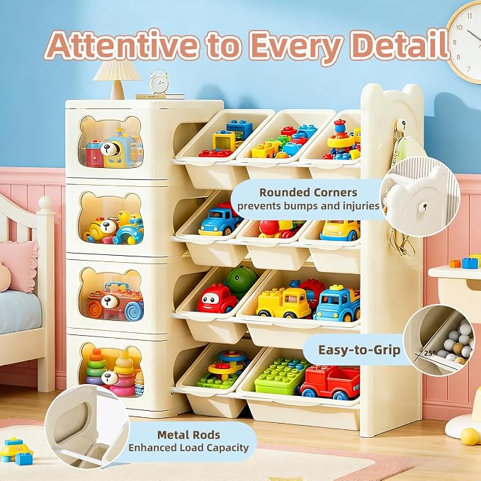 Toy Storage Organizer with 4 Drawers and 10 Bins, 4-Tier Bookshelf with Removable Storage Bins, Cute Bear Cartoon Design, Sturdy Organizer for Playroom, Nursery, Classroom