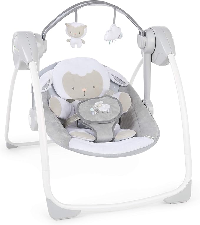 Ingenuity Comfort 2 Go Compact Portable 6-Speed Cushioned Baby Swing with Music, Folds Easy, 0-9 Months 6-20 lbs (Cuddle Lamb)