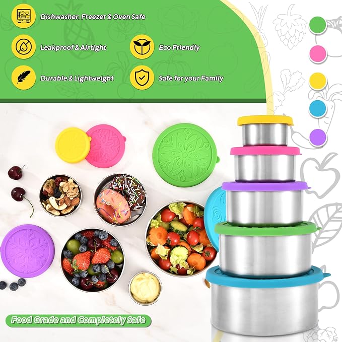 UPTRUST 304 Stainless Steel Snack Containers with Lids, 5 Pack Stackable Nesting Food Storage Containers, Metal Lunch Boxes for Travel School Work, 5 Sizes