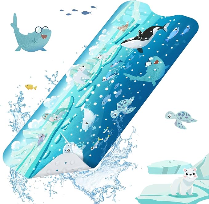 SHUCHING Baby Bath Mat for Tub Non Slip-40 X 16 Inch, Bathtub Mat Non Slip for Kids, Toddler Long Shower Mat for Bathroom, Polar Animal