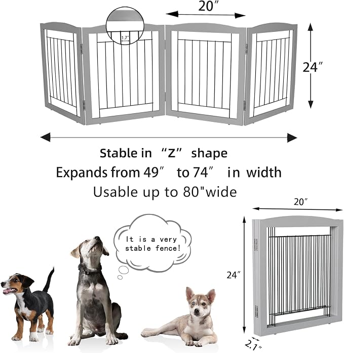ZJSF Freestanding Foldable Dog Gate for House Extra Wide Wooden Grey Puppy Gate Stairs Dog Gates Doorways Tall Pet Gate 24" Height 4 Panels Pet Fence