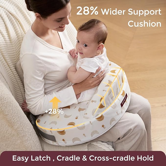 Momcozy Nursing Pillow - Firm & Springy Memory Foam - Stable, Ergonomic Support & Comfort - Wider Breastfeeding Cushion, Adjustable, Removable Cover, Baby Safety Certified, Starry Night