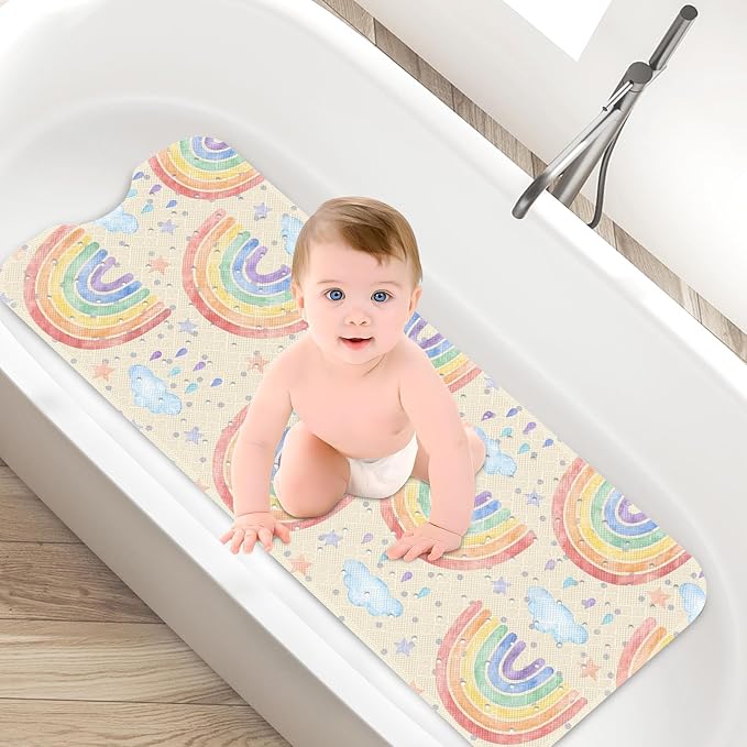 Rainbow Boho Bathtub Shower Mat Cute Cloud Non-Slip Tub Extra Long Bath Floor 40X16 Inch Machine Washable for Bathroom Tub Bath Mat for Toddler and Baby