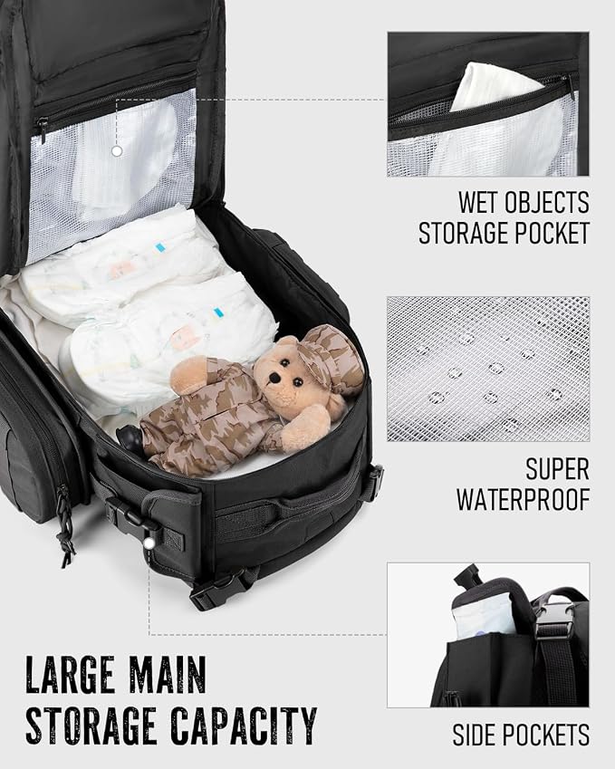 Dinictis Dad Diaper Bag, Mens Diaper Bag Backpack with Diaper Changing Mat, Military Diaper Backpack with Molle Webbing, Waterproof Pouch, Baby Wipes pocket, Insulated Bottle Pockets- Tropical Black