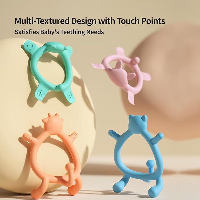 Pigeon Silicone Animal-Shaped Baby Teether Set, 3M+ & 6M+ | Includes 1 Green Bear, 1 Blue Cat & 1 Silicone Bag – Multi-Textured Teething Relief Toys, Lightweight & Easy to Grasp