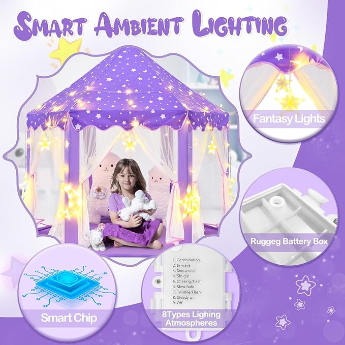 Princess Tent with Large Star Lights for Girls Age 4-7, Kids Play Tent for Indoor, Castle Playhouse for Toddlers, Purple Princess Toy 55x53 inch
