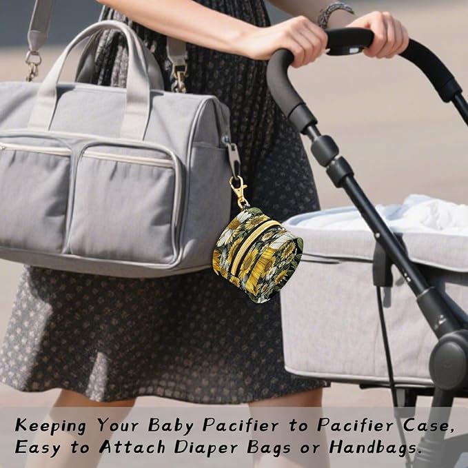 Pacifier Holder with Clip Pacifier Case for Diaper Bag Round Baby Pacifier Pouch Box Bag Portable Sunflower Daisy Green