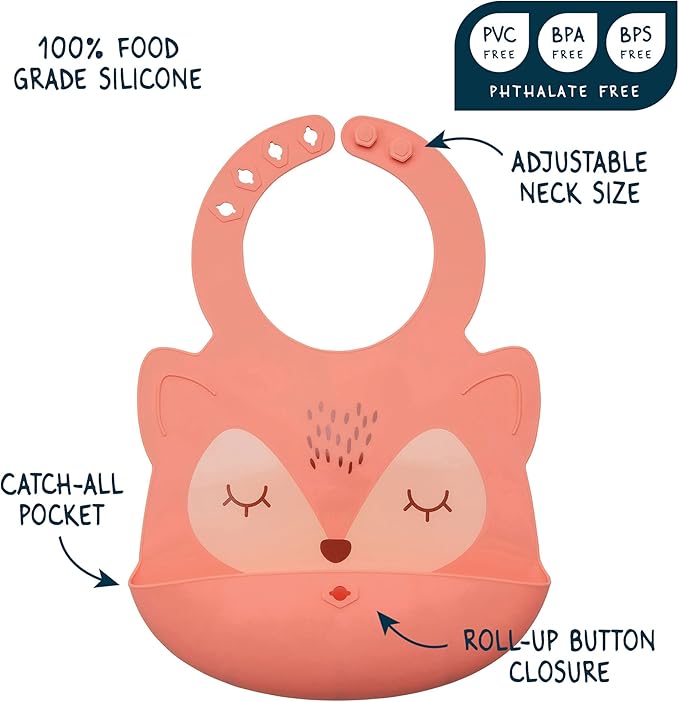 Tiny Twinkle Roll-Up Silicone Bib - Soft, Durable, Easy Clean Waterproof Silicone Bibs With Food Catcher (Coral, Infant)