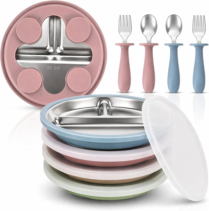 Stainless Steel Toddler Plates with Suction – 4 Pack Divided Baby Plates with Lids – BPA-Free Silicone Base – Dishwasher Safe